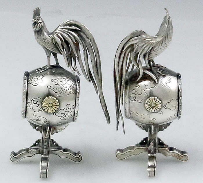 pair of Japanese silver drum shaped boxes with roosters
